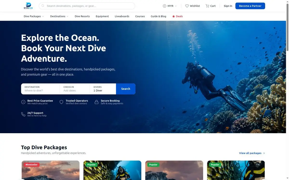 Screenshot of the DiveHub marketplace
