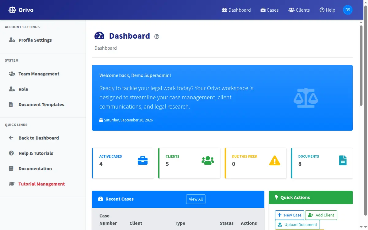 Screenshot of the Orivo legal case management